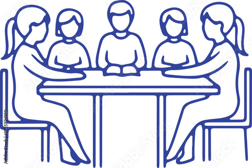 Group of five individuals engaged in a collaborative meeting around a table