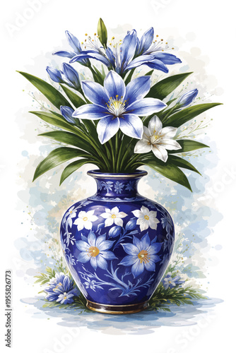 Blue and white floral vase illustration - oriental style porcelain with blue flowers with white background