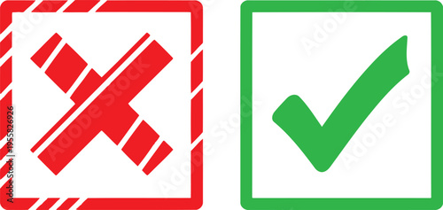 A red striped cross mark and a green check mark icon representing decision making or validation Vector
