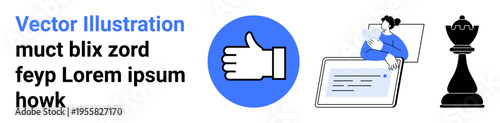 Social media, digital collaboration, decision-making, online feedback, productivity, and strategy. Thumbs-up icon, person with laptop chess piece. Social media and strategy concept