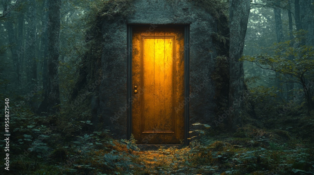 Fototapeta premium Deep in an ancient forest, there is a golden door that only materializes at exactly 12:00 AM. --ar 16:9 --stylize 750 --v 6.1 Job ID: c9e0eda1-bfea-4757-8a49-75ad3f00aed5