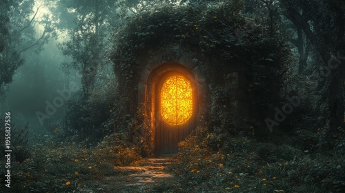 Deep in an ancient forest, there is a golden door that only materializes at exactly 12:00 AM. --ar 16:9 --stylize 750 --v 6.1 Job ID: c9e0eda1-bfea-4757-8a49-75ad3f00aed5