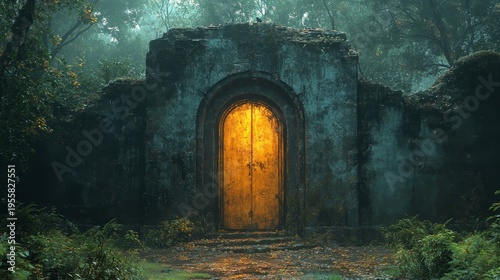 Deep in an ancient forest, there is a golden door that only materializes at exactly 12:00 AM. --ar 16:9 --stylize 750 --v 6.1 Job ID: d014c286-eed8-445e-a6e0-7cc6e5ca2684