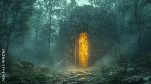 Deep in an ancient forest, there is a golden door that only materializes at exactly 12:00 AM. --ar 16:9 --stylize 750 --v 6.1 Job ID: d014c286-eed8-445e-a6e0-7cc6e5ca2684