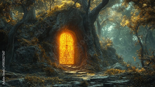 Deep in an ancient forest, there is a golden door that only materializes at exactly 12:00 AM. --ar 16:9 --stylize 750 --v 6.1 Job ID: d014c286-eed8-445e-a6e0-7cc6e5ca2684