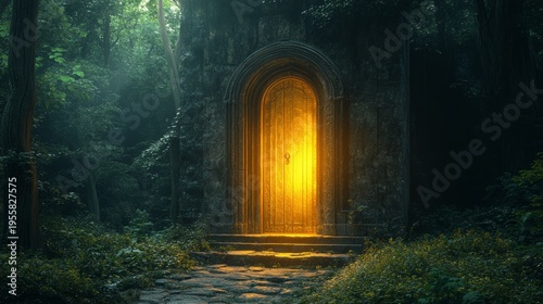 Deep in an ancient forest, there is a golden door that only materializes at exactly 12:00 AM. --ar 16:9 --stylize 750 --v 6.1 Job ID: d014c286-eed8-445e-a6e0-7cc6e5ca2684