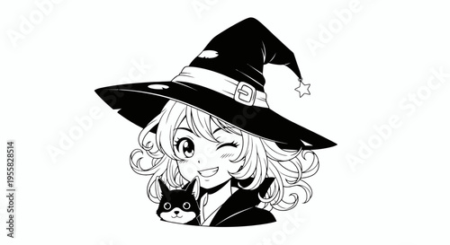 Anime witch with a black cat winking and smiling, celebrating Halloween or a magical event