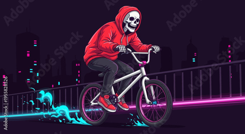 Mysterious Skeleton BMX Rider Navigating the Urban Nightscape, Leaving Electrifying Neon Light Trails in a Dynamic City Street Scene