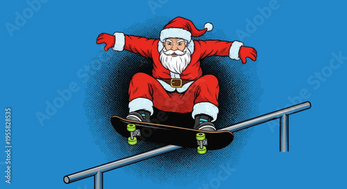 Dynamic illustration of Santa Claus performing an epic skateboard grind on a rail, showcasing a modern and playful holiday spirit with extreme sports energy