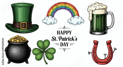 A cheerful and festive illustration set of iconic Irish symbols, perfect for celebrating St. Patrick's Day traditions with luck and joy