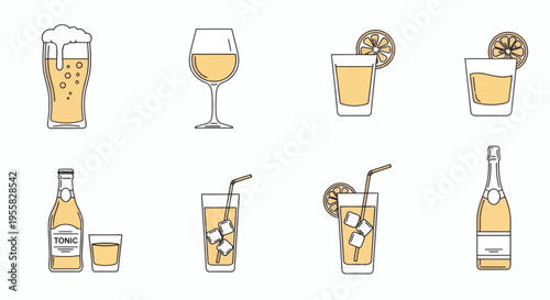 Set of eight beverage icons, including beer, wine, cocktails, and bottles on a white background