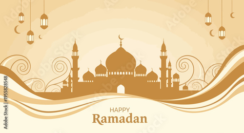 Happy Ramadan - A Festive Silhouette of a Mosque with Lanterns and Decorative Waves