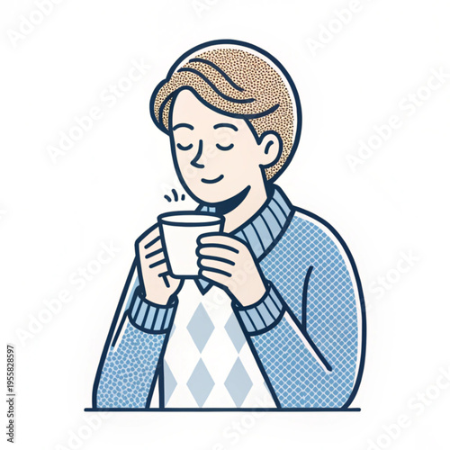 Young man wearing a blue sweater enjoying a hot cup of coffee or tea with a peaceful expression.