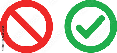 A red prohibition circle with a diagonal line next to a green circle with a checkmark symbol Vector