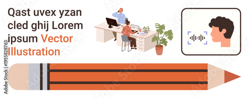 Team collaboration, vocal recognition, workplace creativity, content development, technology integration, remote work. Office setup with coworkers, soundwave profile pencil graphic. Team