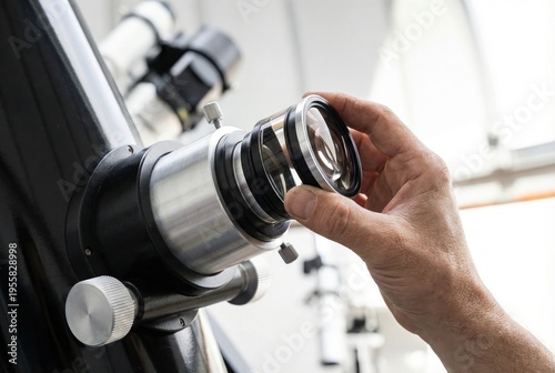 Astronomer hands carefully inserting a glass lens eyepiece into a black astronomy telescope