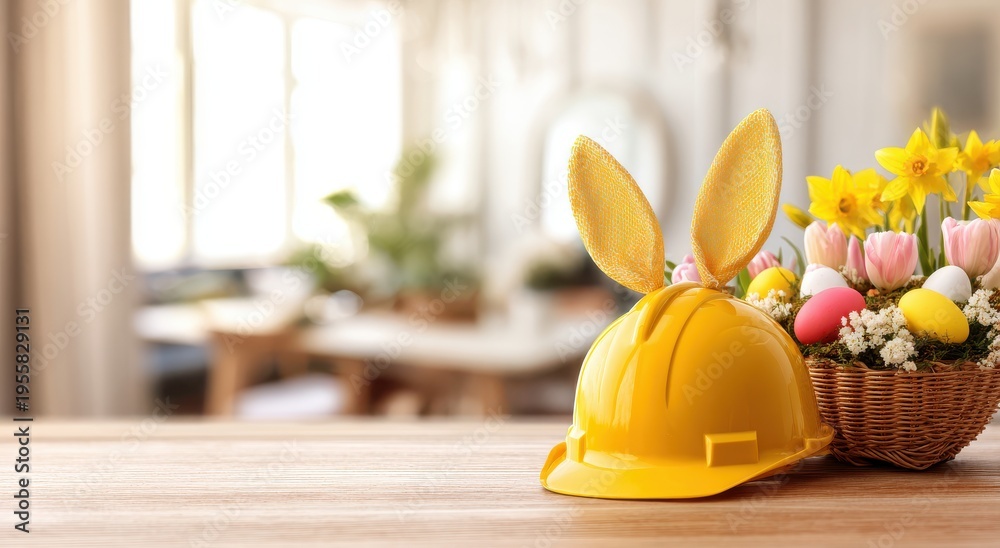 Fototapeta premium easter background with a yellow helmet and bunny ears