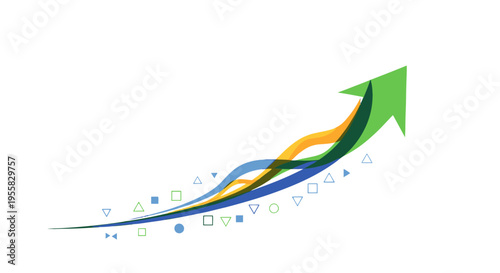 A colorful arrow graphic with shapes.