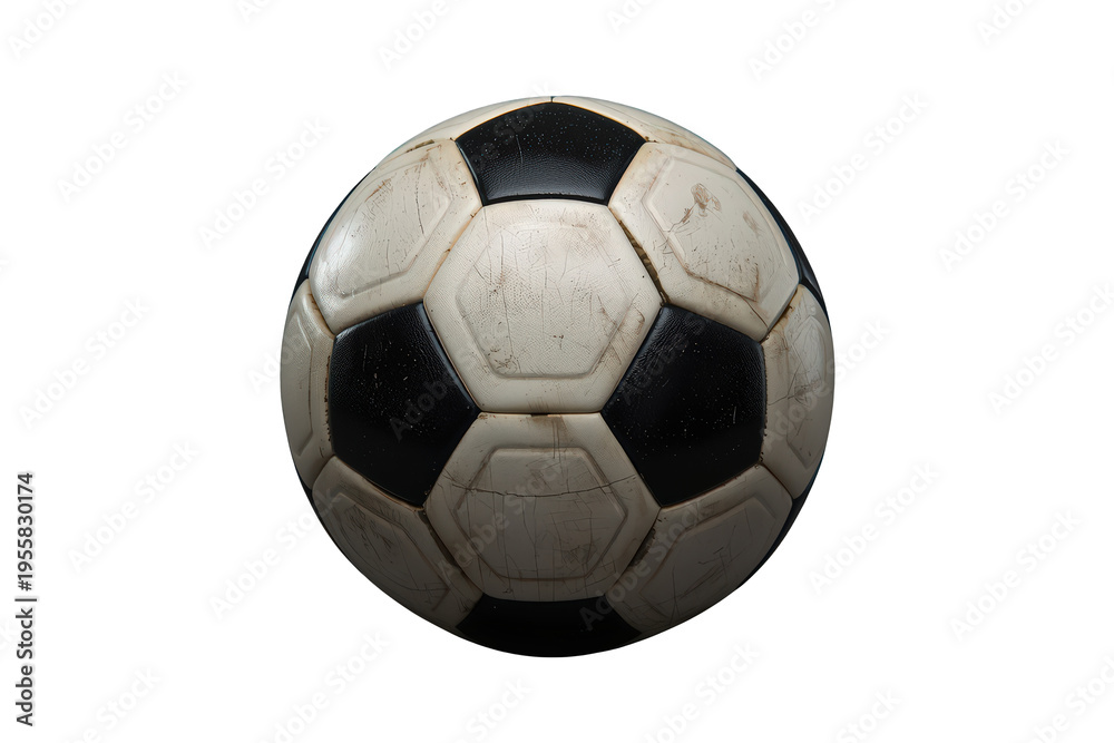 Fototapeta premium Soccer ball with classic black and white pattern, showing wear and tear from play, isolated on transparent background