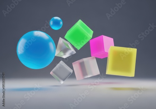 A conceptual visual representation of buoyancy and lightness. Multiple simple forms drift peacefully in a large, open, ethereal environment, simple, geometric, drift