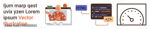 Web development, coding, online courses, app design, analytics, digital learning. A tutorial video, coding snippet and speedometer graphic. Web development and coding concepts