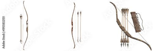 Foto Set of traditional wooden longbows with arrows and quiver, vintage medieval arch