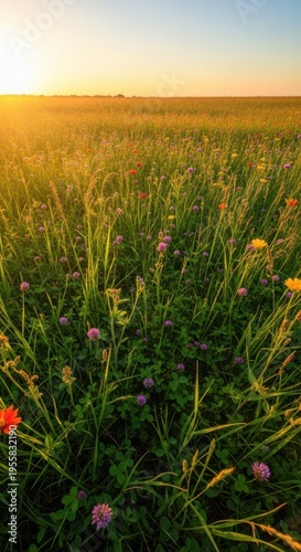Expansive view of a lush meadow bathed in golden sunlight during the peak summer season, featuring abundant natural growth, view, nature, season