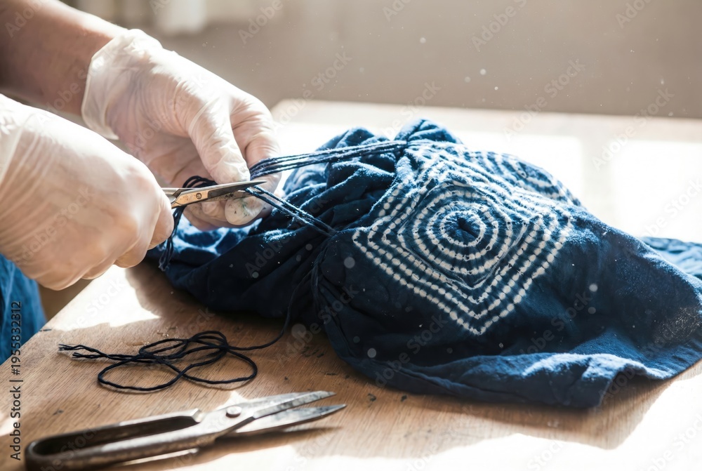 Fototapeta premium Hands in gloves cutting threads on a piece of indigo dyed fabric during traditional shibori crafting process
