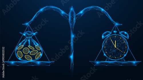 Balance of time and money, digital balance of values. A bag of coins and an alarm clock on the scales. The concept of analytics, decision-making system, material benefits and its appeal.