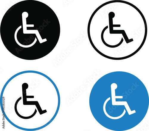 A collection of four distinct wheelchair accessible sign icons with varied circular border styles Vector