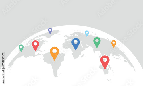 World map with colored markers. Curved world map with colored pin position.