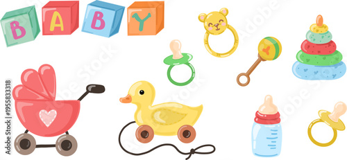 Cute baby toys and nursery accessories vector set in pastel colors.