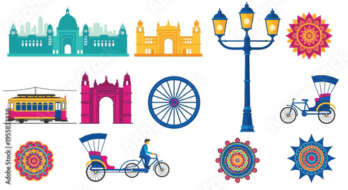 Illustrative collection of iconic indian landmarks and transport elements