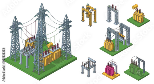 Isometric illustration depicting various electrical power transmission components