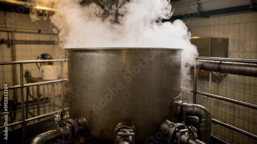 Steamheated saponification kettle releasing visible steam emphasizing the heat application during soap production in a detailed medium shot.