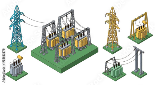 Isometric illustration of power transformers substations and electrical transmission towers