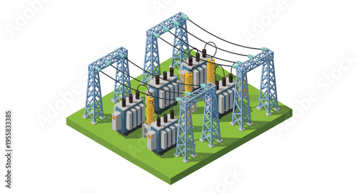 Isometric illustration of a power substation with transformers and towers