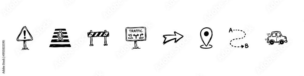 Fototapeta premium Minimal traffic icons: intersection, curve, fuel, pointer, highway, detour, cone, and speed bump. Ideal for transport and navigation visuals.