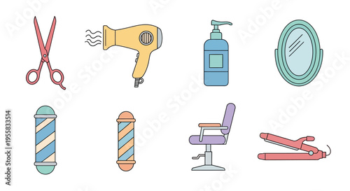 Colorful illustration depicting various tools and furniture from a barbershop