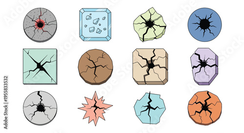 Collection of colorful cracked circular and geometric shapes against white