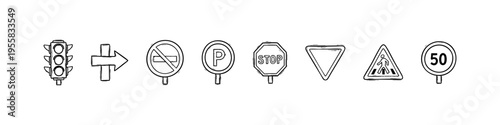 Minimal traffic sign icons: stop, yield, speed, pedestrian, lights, turn, no entry, parking. Ideal for education, transport, and safety visuals.