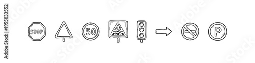 Minimal traffic sign icons: stop, yield, speed, pedestrian, lights, turn, no entry, parking. Ideal for education, transport, and safety visuals.
