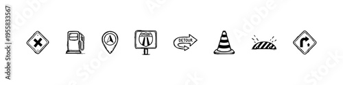 Minimal traffic icons: intersection, fuel, location, highway, detour, cone, speed bump, and curve. Ideal for transport, navigation, and safety visuals.