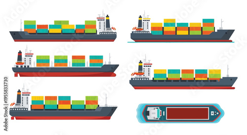 Colorful cargo ships transporting containers across the ocean illustrated design