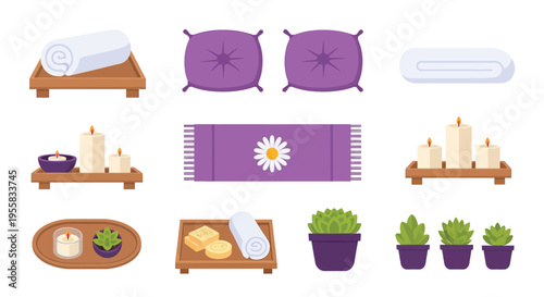 Spa elements including rolled towels pillows candles and potted plants