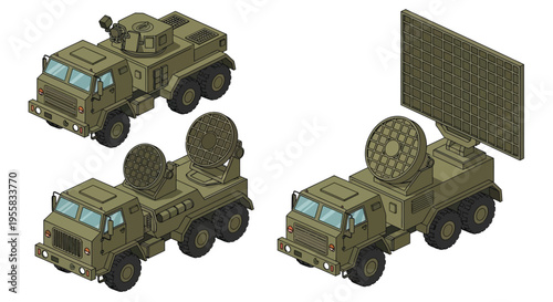 Isometric illustration of military vehicles with radar and communication equipment