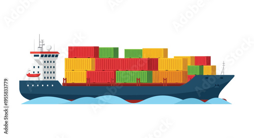 Illustration of a large container ship carrying stacked shipping containers