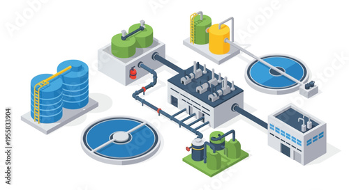 Isometric illustration of a water treatment and purification facility process