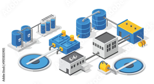Isometric illustration of a water treatment and purification facility process