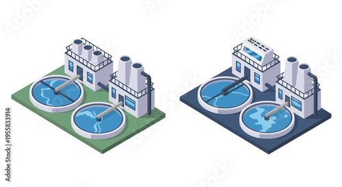 Isometric illustration of two identical water treatment facilities with tanks